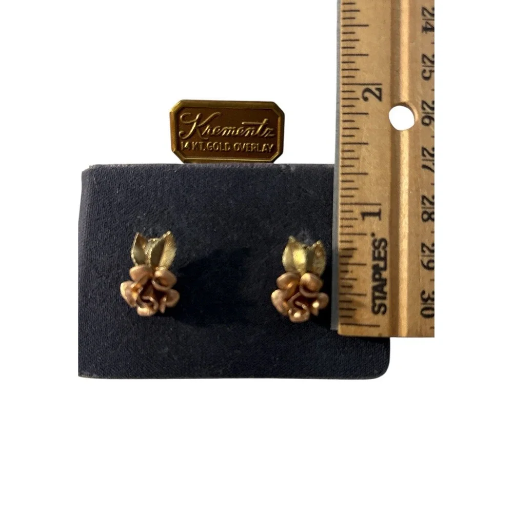 Vintage Krementz 14 KT Gold Overlay Rose Screw Back Earring Necklace Pendant Set - Picture 4 of 7